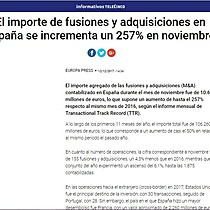 El importe de fusiones y adquisiciones en Espaa se incrementa un 257% en noviembre